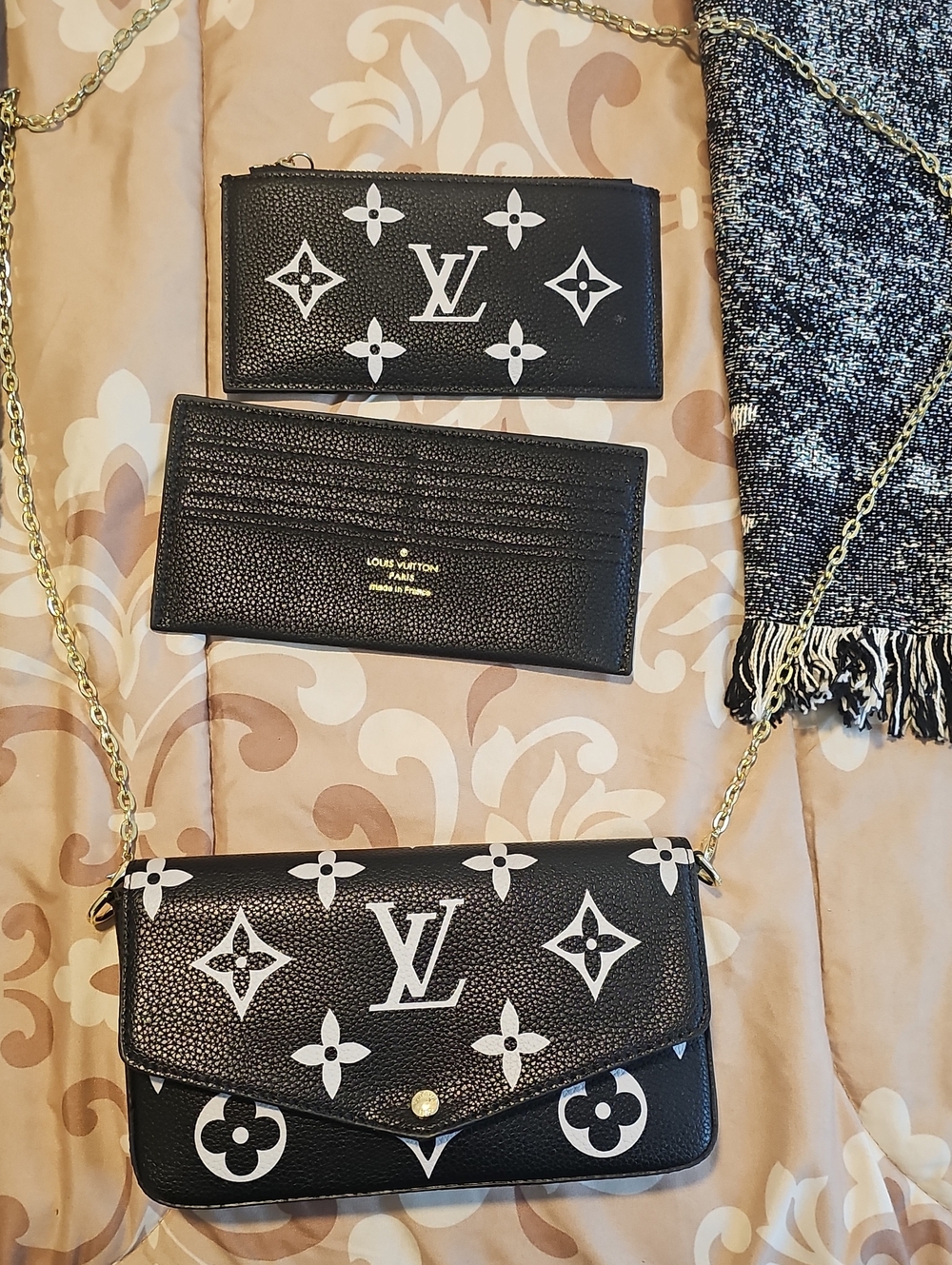 Inspired Black and White Monogram Chain Crossbody Bag with Card Holder Set